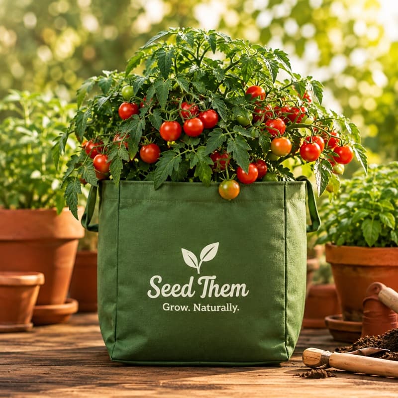 Cherry tomato plant in a branded Seed Them grow bag