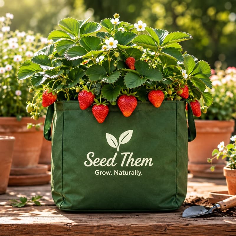 Strawberry plant in a branded Seed Them grow bag