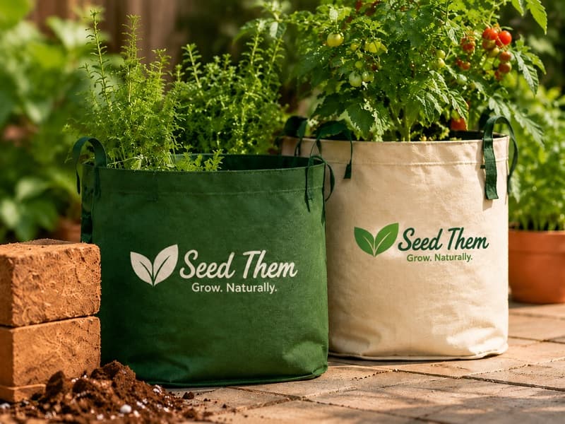 Green and cream fabric grow bags in a garden