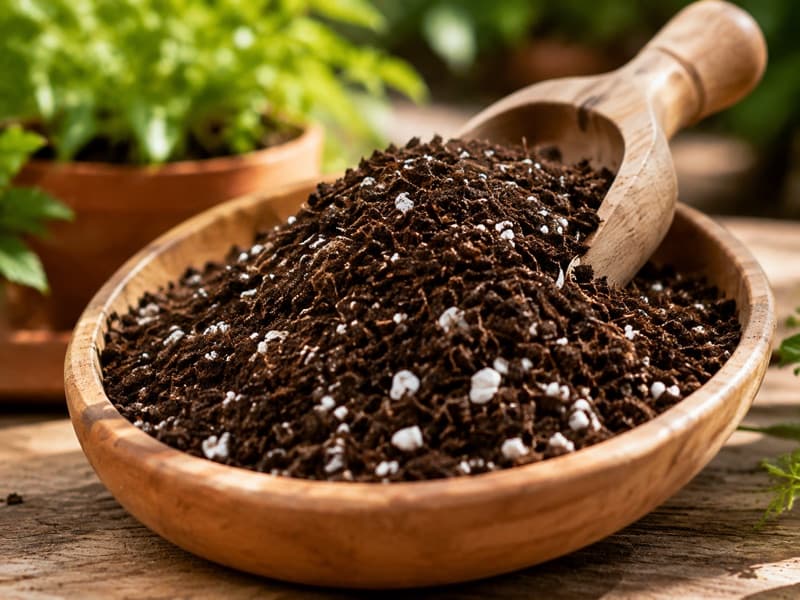 Growing mix with aeration particles and a wooden scoop