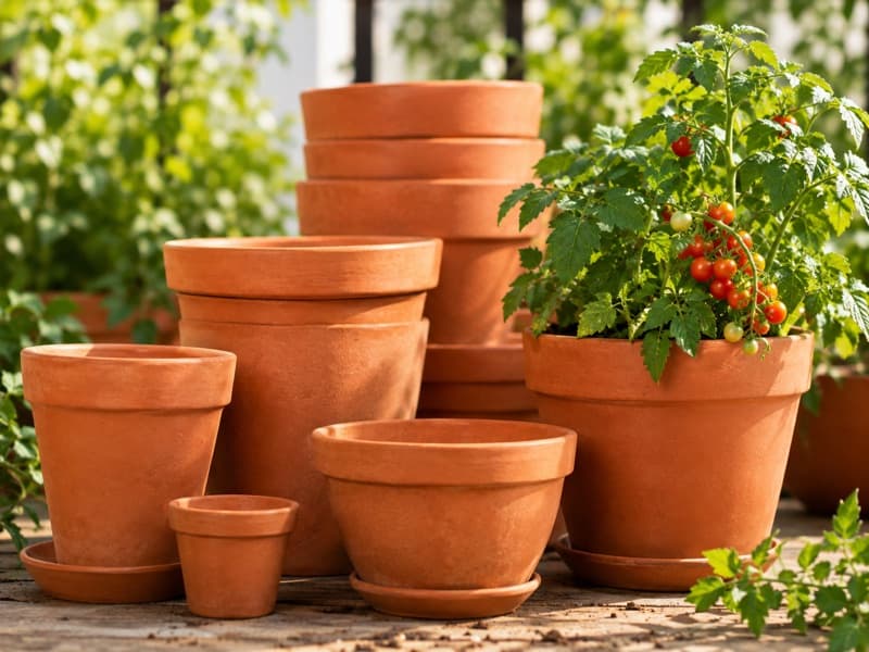 Terracotta pots with a tomato plant