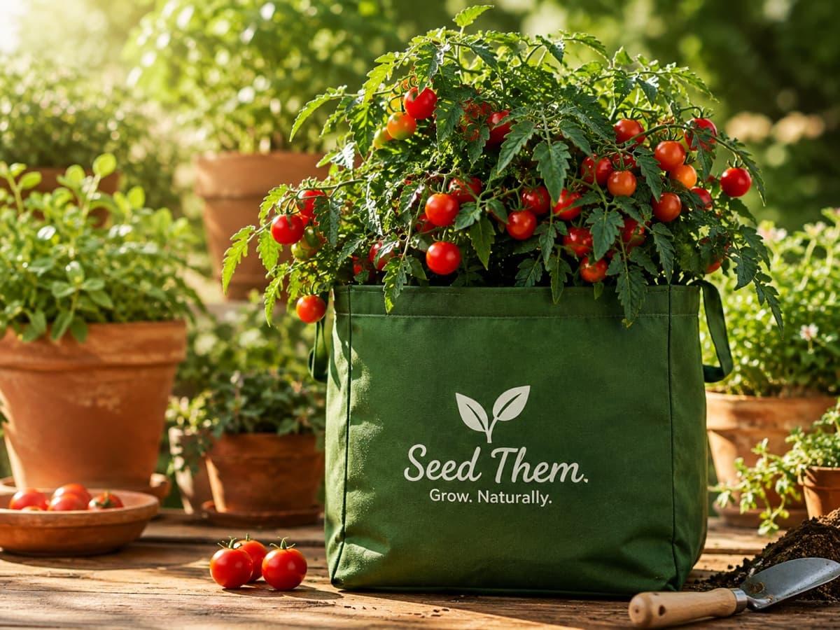 Cherry tomato plant growing in a branded Seed Them fabric grow bag