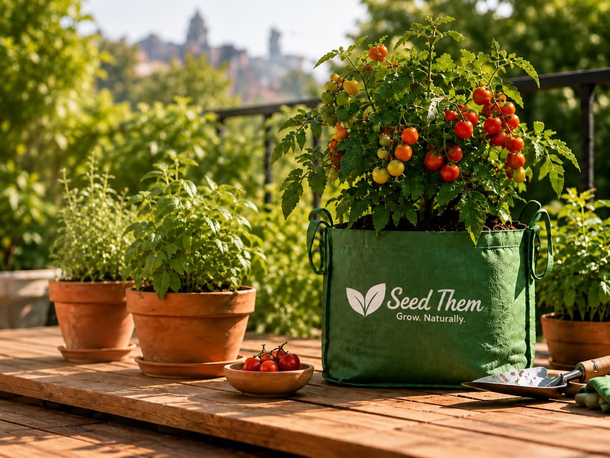 Tomato plant growing in a green Seed Them fabric grow bag